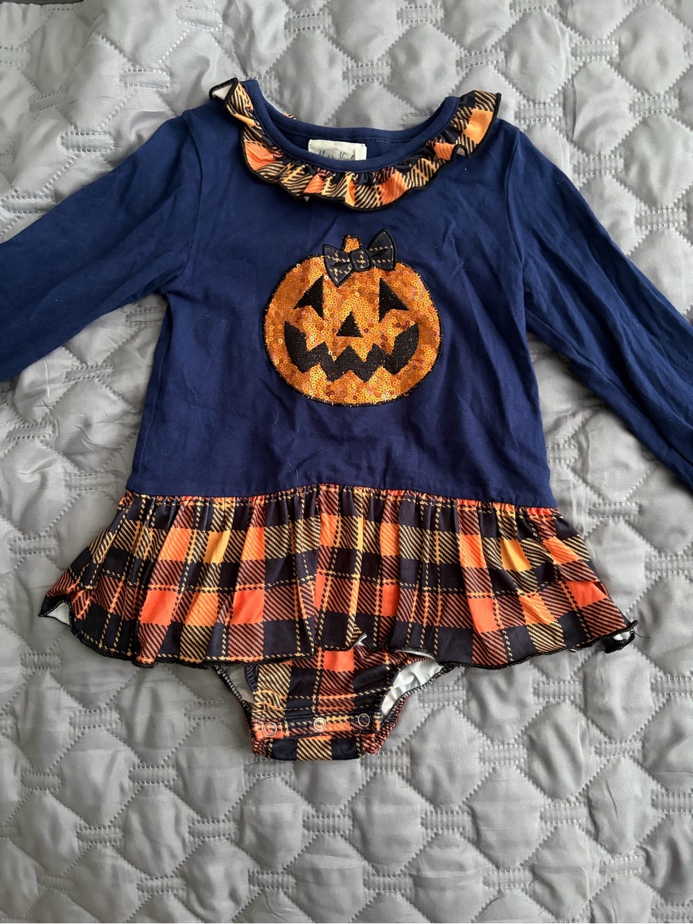 Marie Nicole Navy Blue Halloween Pumpkin Ruffle Baby One-Piece